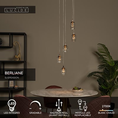 Lucide BERLIANE - Suspension - Ø 34 cm - LED Dim. - 5x4W 2700K - Avec module LED remplaçable - Transparent | Essential